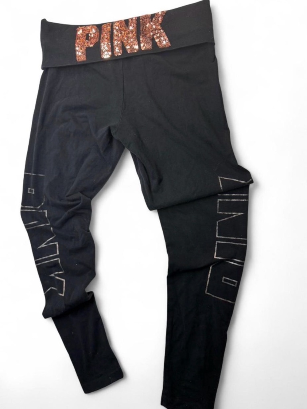 Victoria's Secret PINK Black Leggings with Rose-Gold Sequin Logo